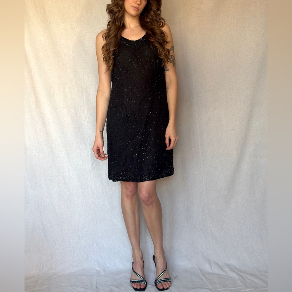 Vintage 90s LBD - Black Beaded Mini Silk Cocktail Wedding Dress - Picture 6 of 8